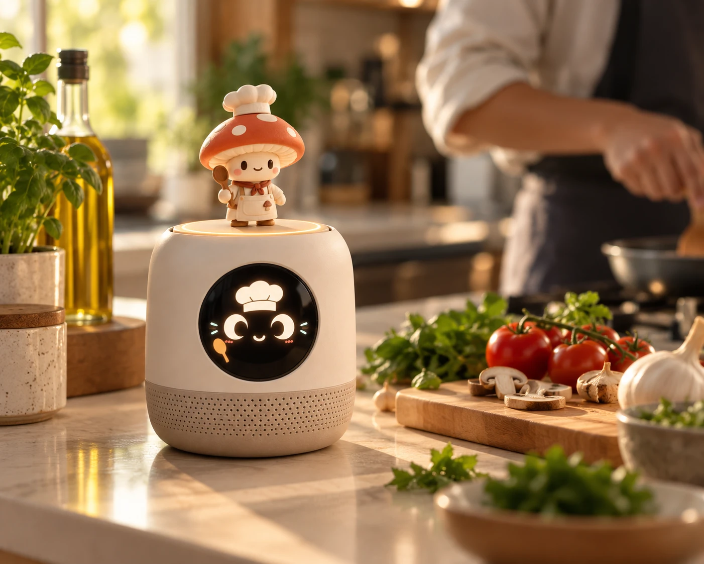 A round version of Pebble on a kitchen counter with the mushroom chef figure on top, next to tomatoes and fresh herbs