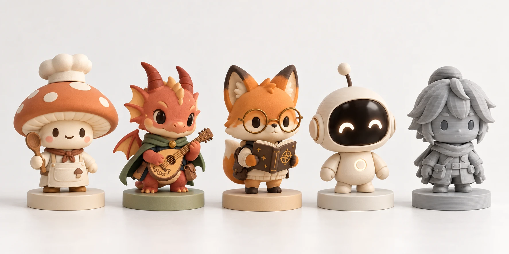 Five figures in a row: a mushroom chef, a dragon bard with a lute, a fox with glasses and a book, a small astronaut robot, and an unpainted grey figure