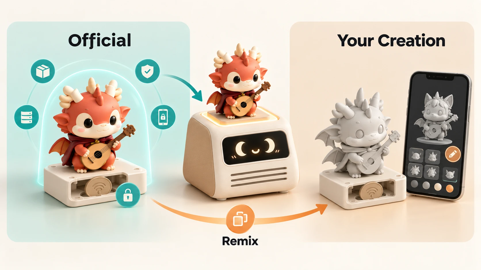 On the left, an official painted dragon figure with a lock icon; on the right, a grey 3D-printed version of the same figure next to a phone app for designing your own character