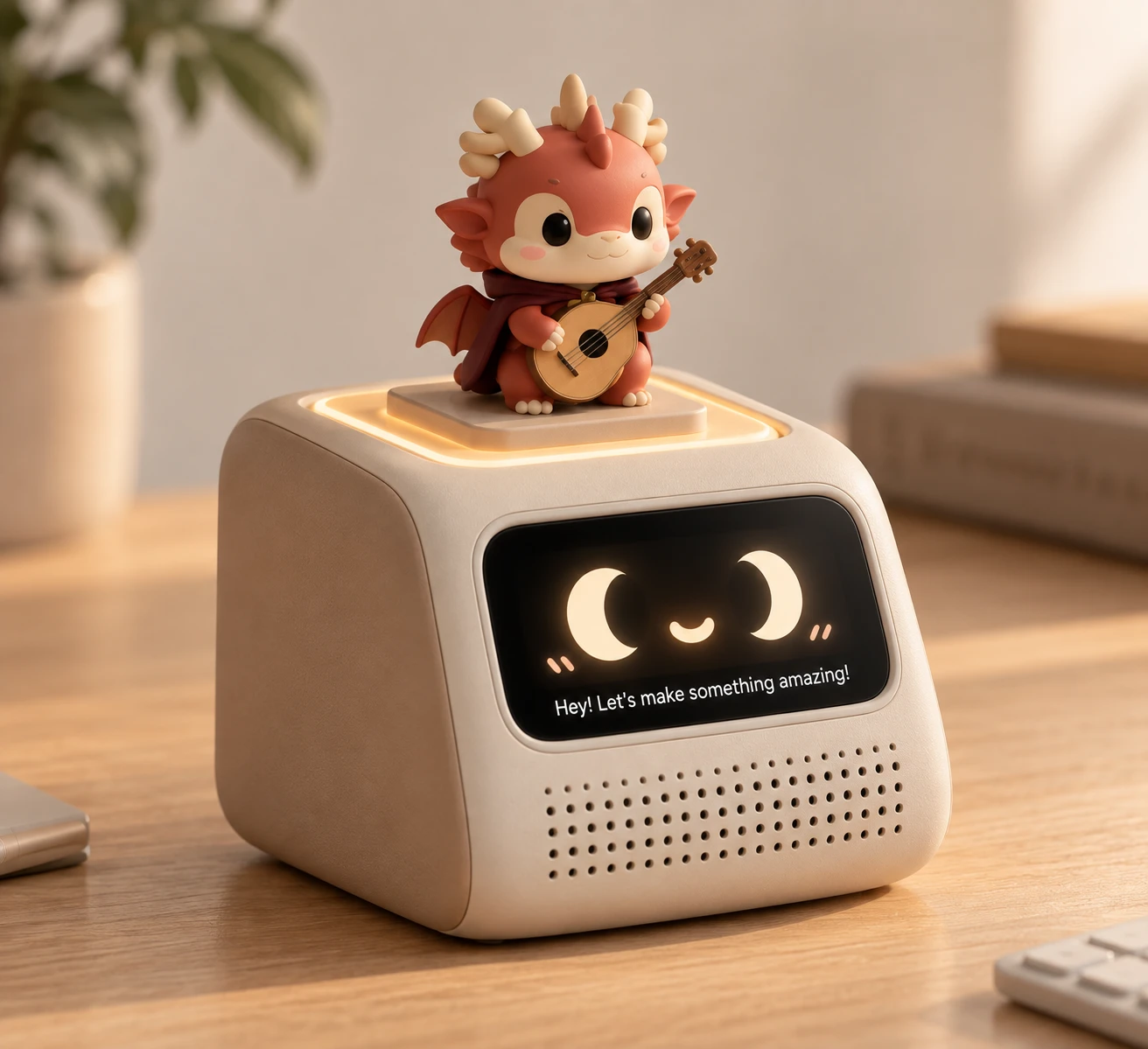 Pebble, a small cream-coloured box with a screen face showing two crescent eyes and a smile, with a little dragon bard figure standing on its glowing top