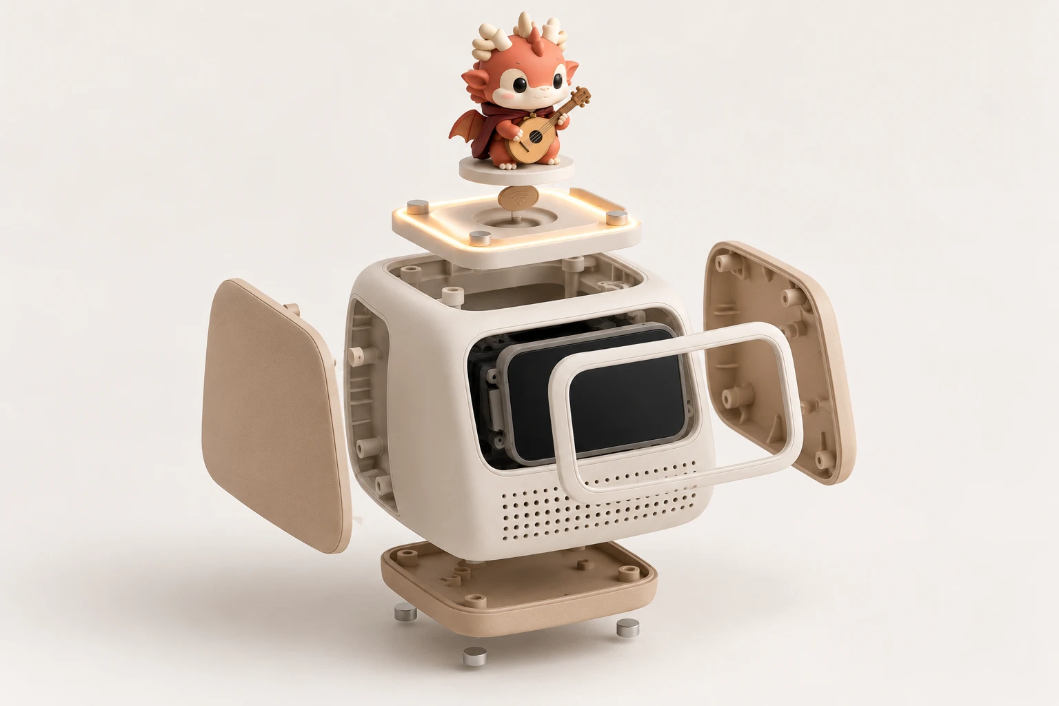 An exploded view of Pebble showing the shell, front frame, screen, side panels, base with magnets, and the glowing figure pad on top