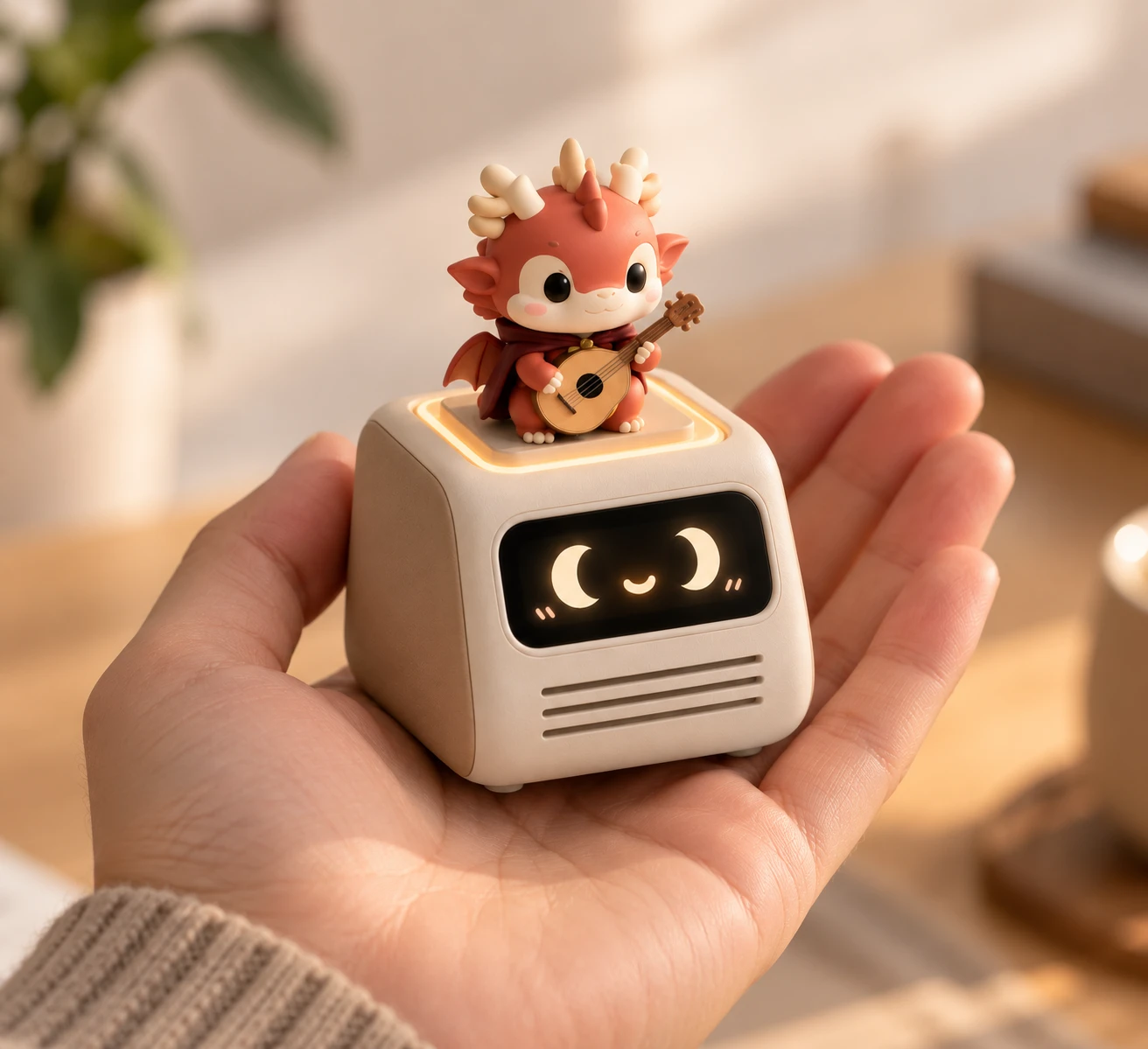 Pebble resting in the palm of a hand, with the dragon figure on top